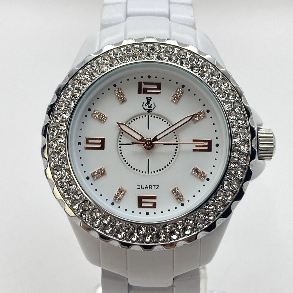Premier Designs Women's Watch 38mm White Crystals Silver Tone New Battery 7.5"